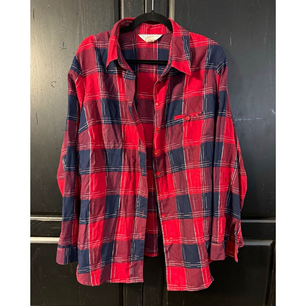 Allison Daley Red Blue Plaid Collared Long Sleeve Pockets Button-Up 22W